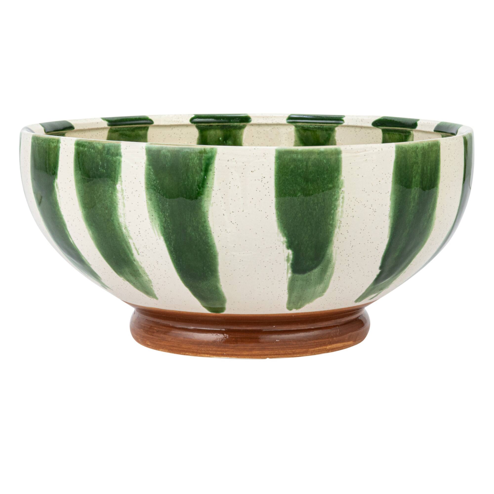 Hello Honey® 10.5" Round Hand-Painted Stoneware Footed Bowl with Stripes & Reactive Glaze
